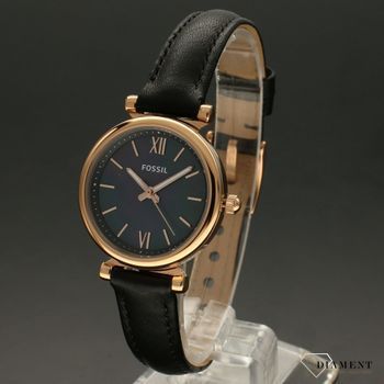 Zegarek Damski na czarnym pasku Fossil Carlie Mini ES4700 z ciemną masą perłową na tarczy z dodatkami w kolorze różowego złota.  (2).jpg