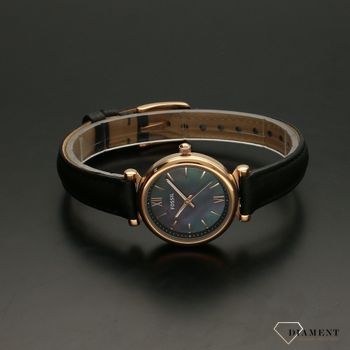 Zegarek Damski na czarnym pasku Fossil Carlie Mini ES4700 z ciemną masą perłową na tarczy z dodatkami w kolorze różowego złota.  (3).jpg