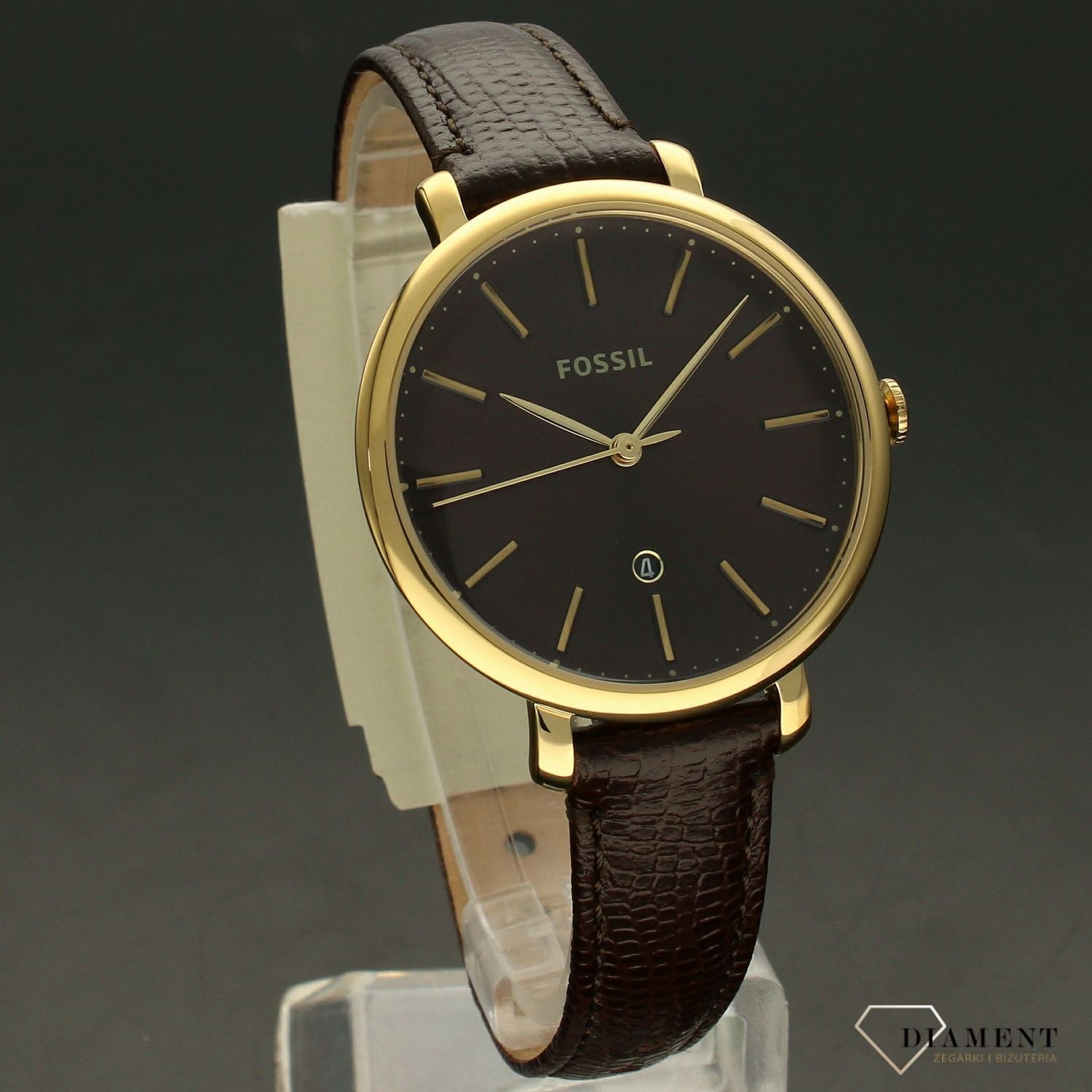 Zegarek damski pozłacany na pasku brązowym pasku Fossil Jacqueline ES4969 ⌚.jpg