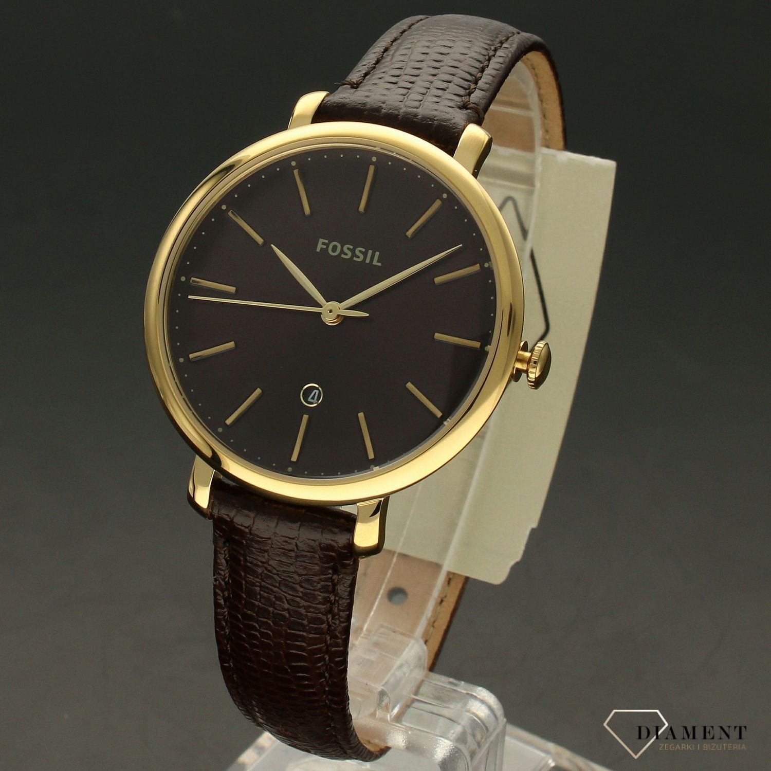 Zegarek damski pozłacany na pasku brązowym pasku Fossil Jacqueline ES4969 ⌚.jpg