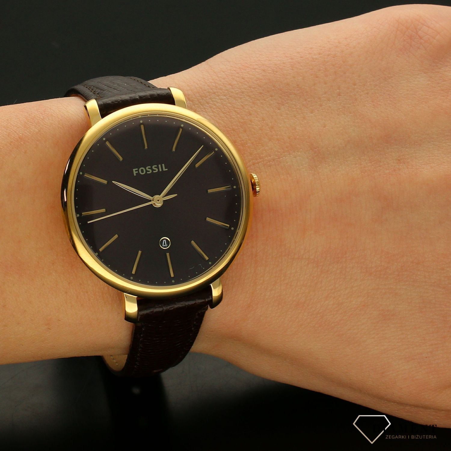 Zegarek damski pozłacany na pasku brązowym pasku Fossil Jacqueline ES4969 ⌚.jpg
