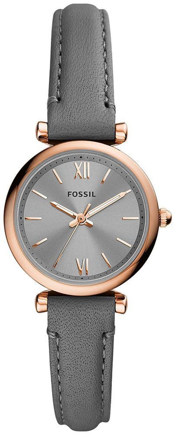 Zegarek damski na szarym pasku z dodatkami różowego złota marki Fossil  z kolekcji Carlie Mini ES5068.  (1).jpg