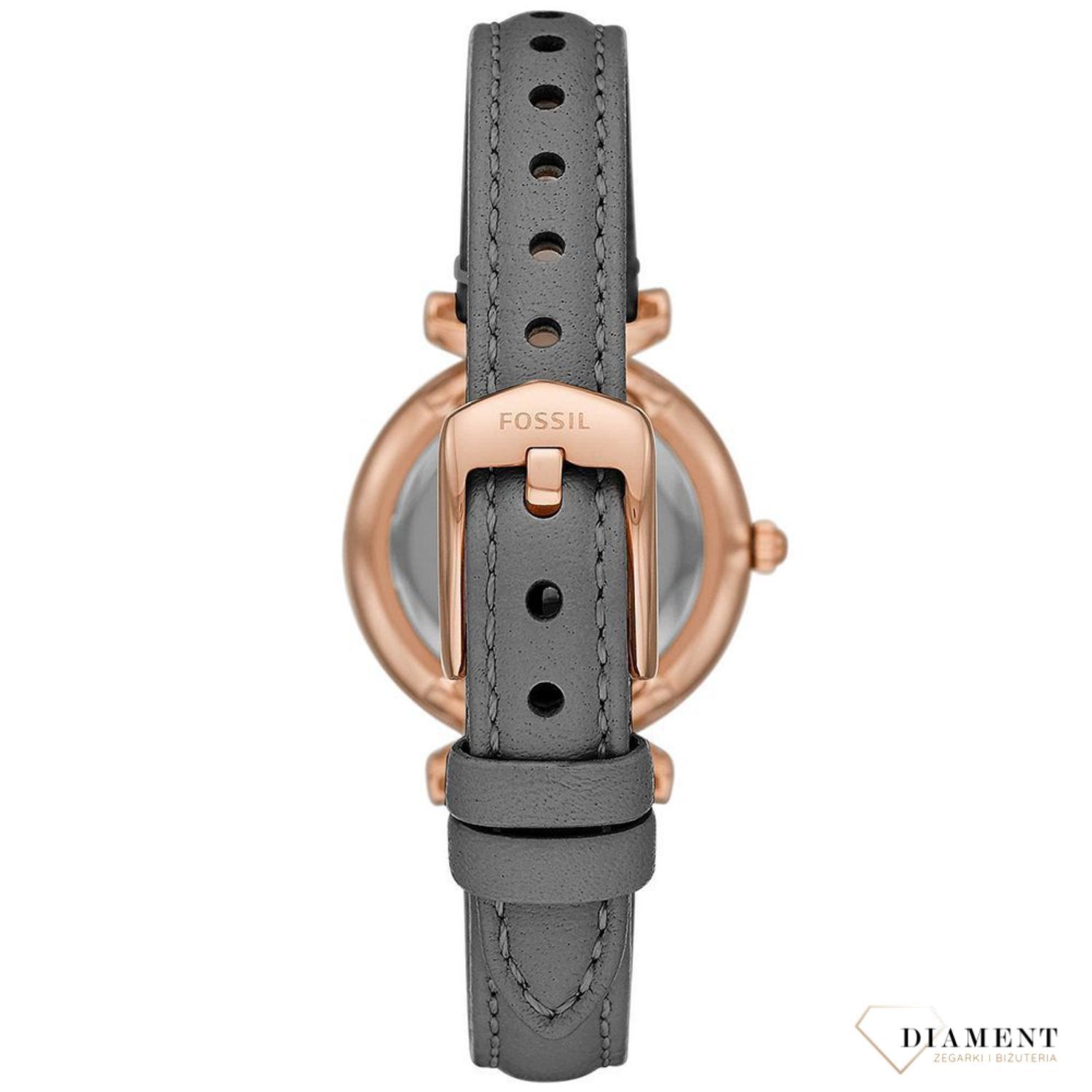 Zegarek damski na szarym pasku z dodatkami różowego złota marki Fossil  z kolekcji Carlie Mini ES5068.  (1).jpg
