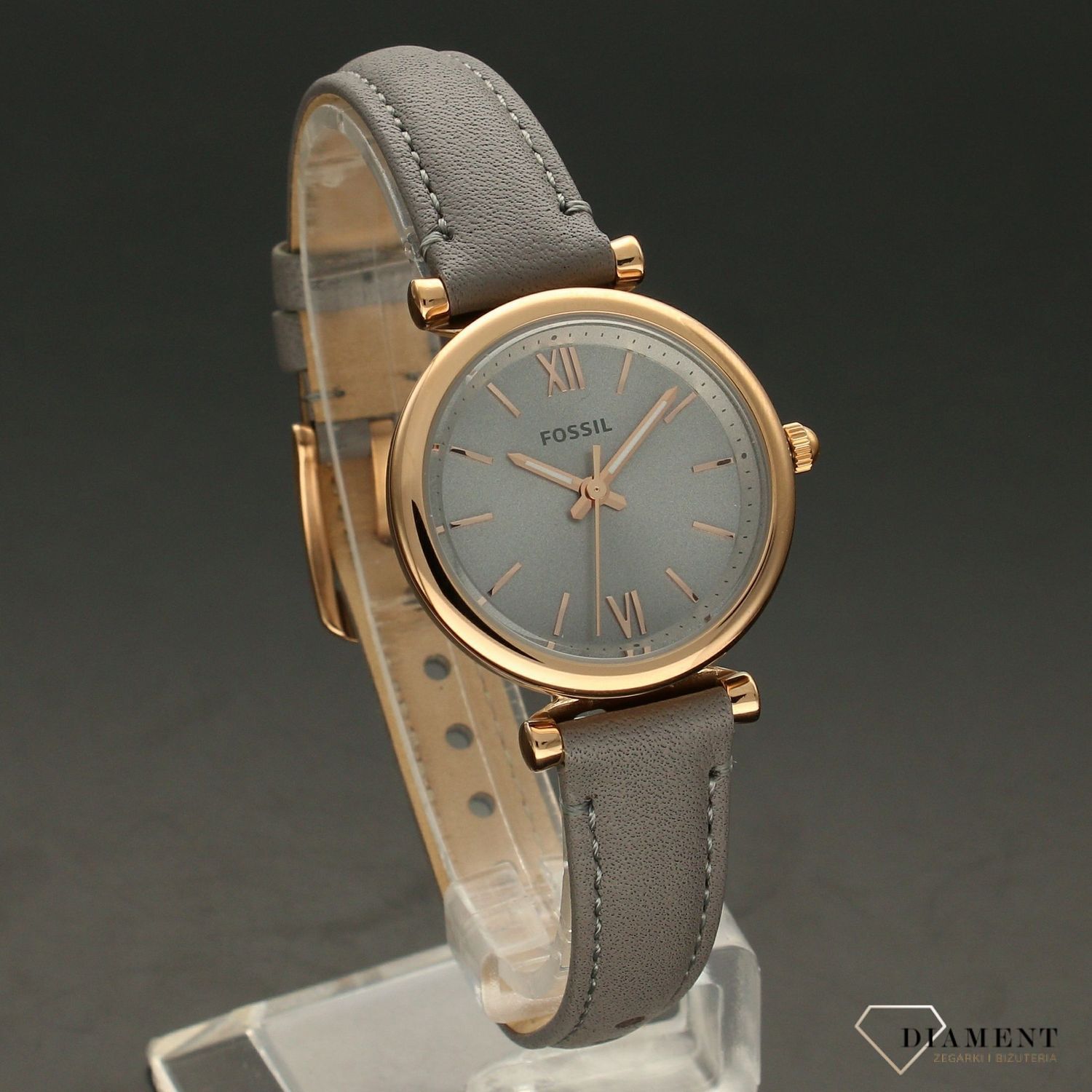 Zegarek damski na szarym pasku z dodatkami różowego złota marki Fossil  z kolekcji Carlie Mini ES5068.  (1).jpg