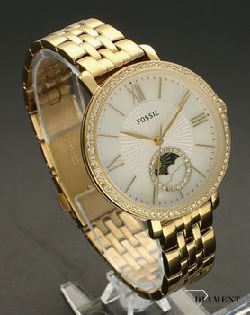 Zegarek damski złoty Fossil Jacqueline ES5167. Zegarek damski zasilany za pomocą baterii. Tarcza zegarka w pięknej perłowej odsłonie wzbogacona tarczą z Fazami księżyca. Dookoła tarczy, błyszczące cyrko (3).jpg