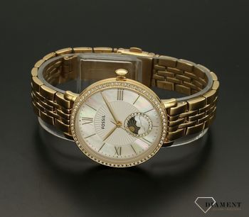 Zegarek damski złoty Fossil Jacqueline ES5167. Zegarek damski zasilany za pomocą baterii. Tarcza zegarka w pięknej perłowej odsłonie wzbogacona tarczą z Fazami księżyca. Dookoła tarczy, błyszczące cyrko (5).jpg