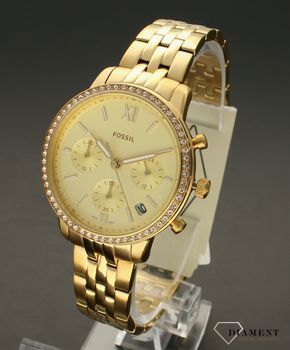 Zegarek damski Fossil NEUTRA CHRONO ES5219. Zegarek z wodoszczelnością 50m (5 ATM), gwarantuje właścicielowi, że nie musi bać się zachlapań, czyli np. mycia rąk. Zegarek damski w złotym kolorze z cyrkoniami i chronografem.  (4).jpg