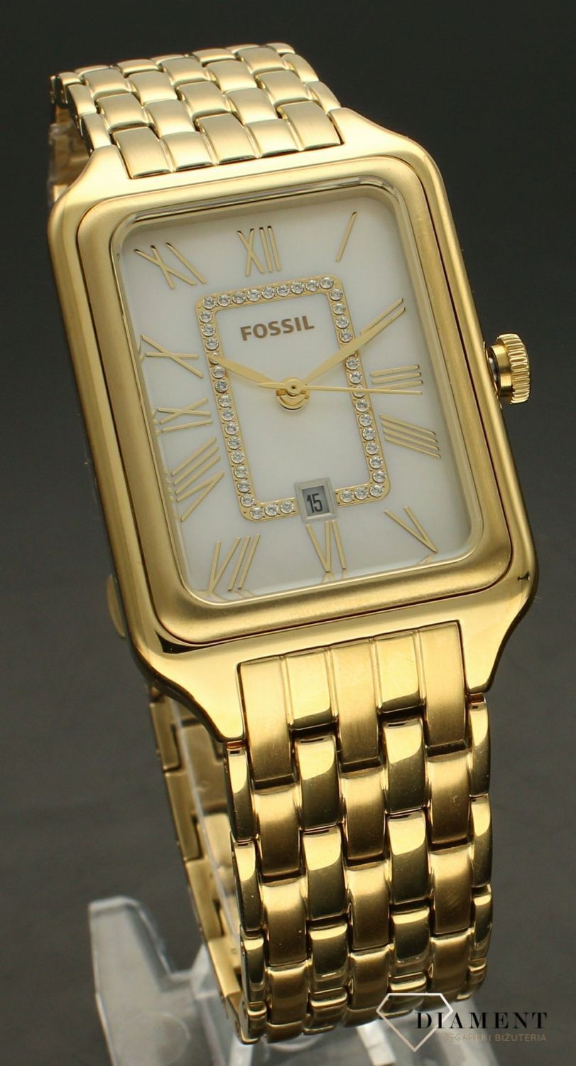Zegarek damski Fossil RAQUEL ES5304. Damski zegarek w złotym kolorze. Złoty zegarek damski Fossil. Zegarek damski Fossil na złotej bransolecie. Zegarek damski Fossil na bransolecie na prezent. Zegarek damski Fossil z prostokątną koperta..jpg