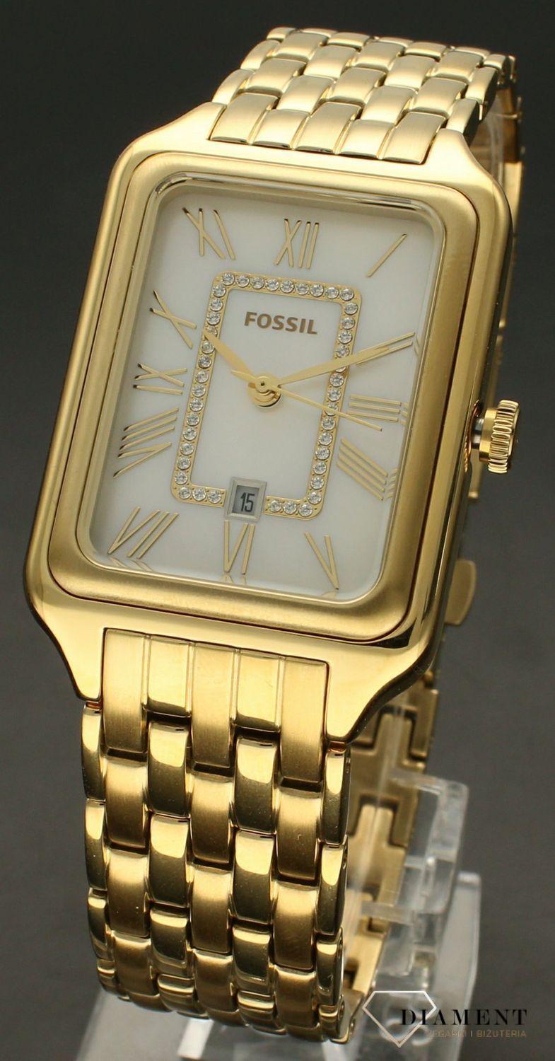 Zegarek damski Fossil RAQUEL ES5304. Damski zegarek w złotym kolorze. Złoty zegarek damski Fossil. Zegarek damski Fossil na złotej bransolecie. Zegarek damski Fossil na bransolecie na prezent. Zegarek damski Fossil z prostokątną koperta..jpg
