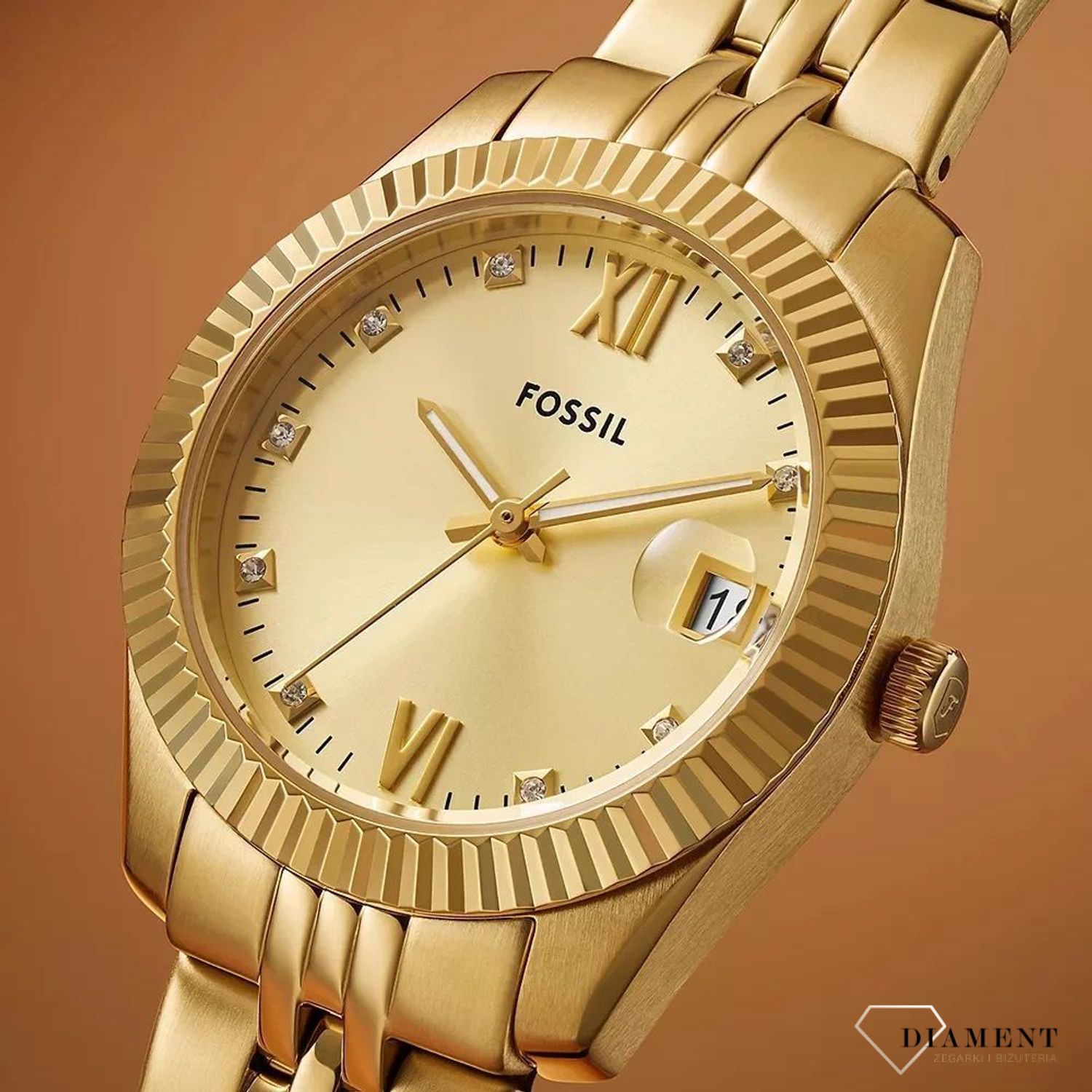 Zegarek damski Fossil SCARLETTE Gold 32mm ES5338. Złoty zegarek damski Fossil z cyrkoniami. Zegarek damski Fossil na złotej bransolecie. Zegarek damski Fossil na bransolecie na prezent.1.jpg