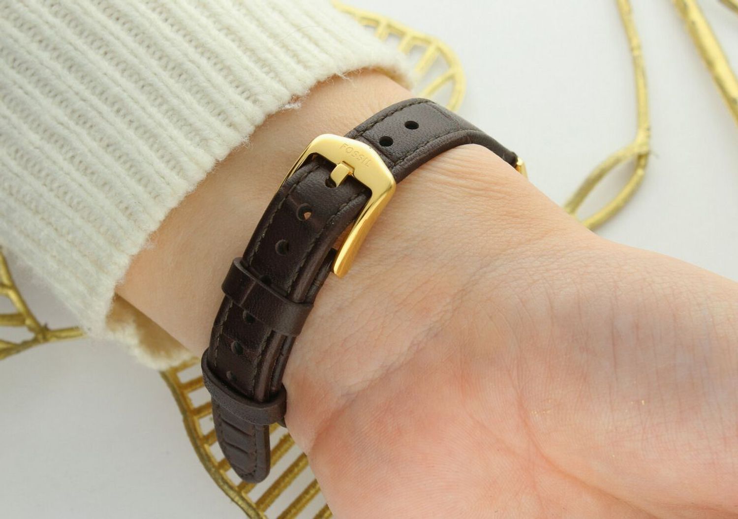 Fossil Raquel ES5367 – damski zegarek złoty, brązowa tarcza i pasek, datownik.jpg