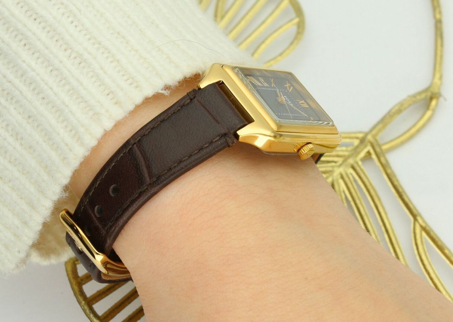 Fossil Raquel ES5367 – damski zegarek złoty, brązowa tarcza i pasek, datownik.jpg