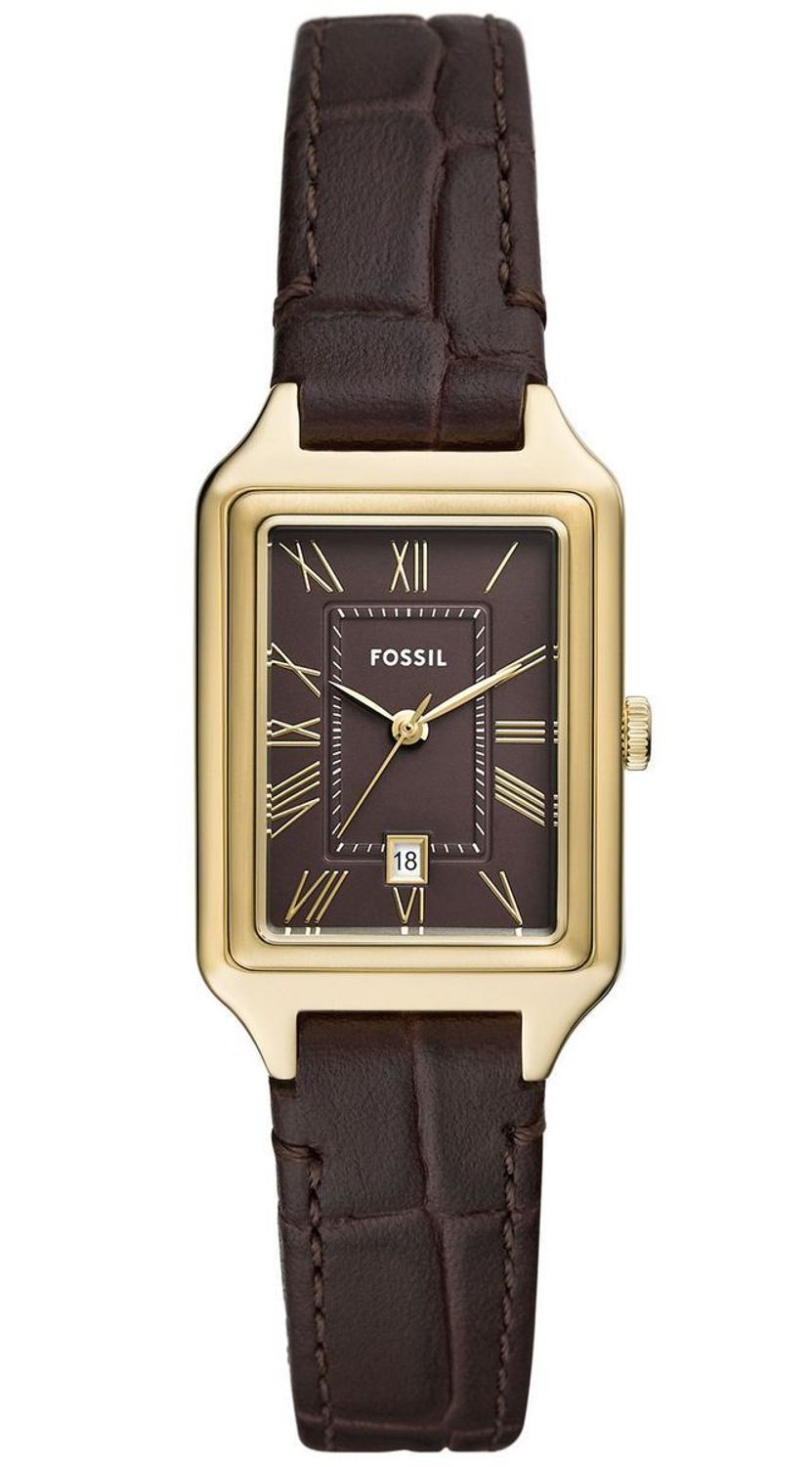 Fossil Raquel ES5367 – damski zegarek złoty, brązowa tarcza i pasek, datownik.jpg