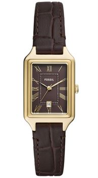 Fossil Raquel ES5367 – damski zegarek złoty, brązowa tarcza i pasek, datownik.jpg