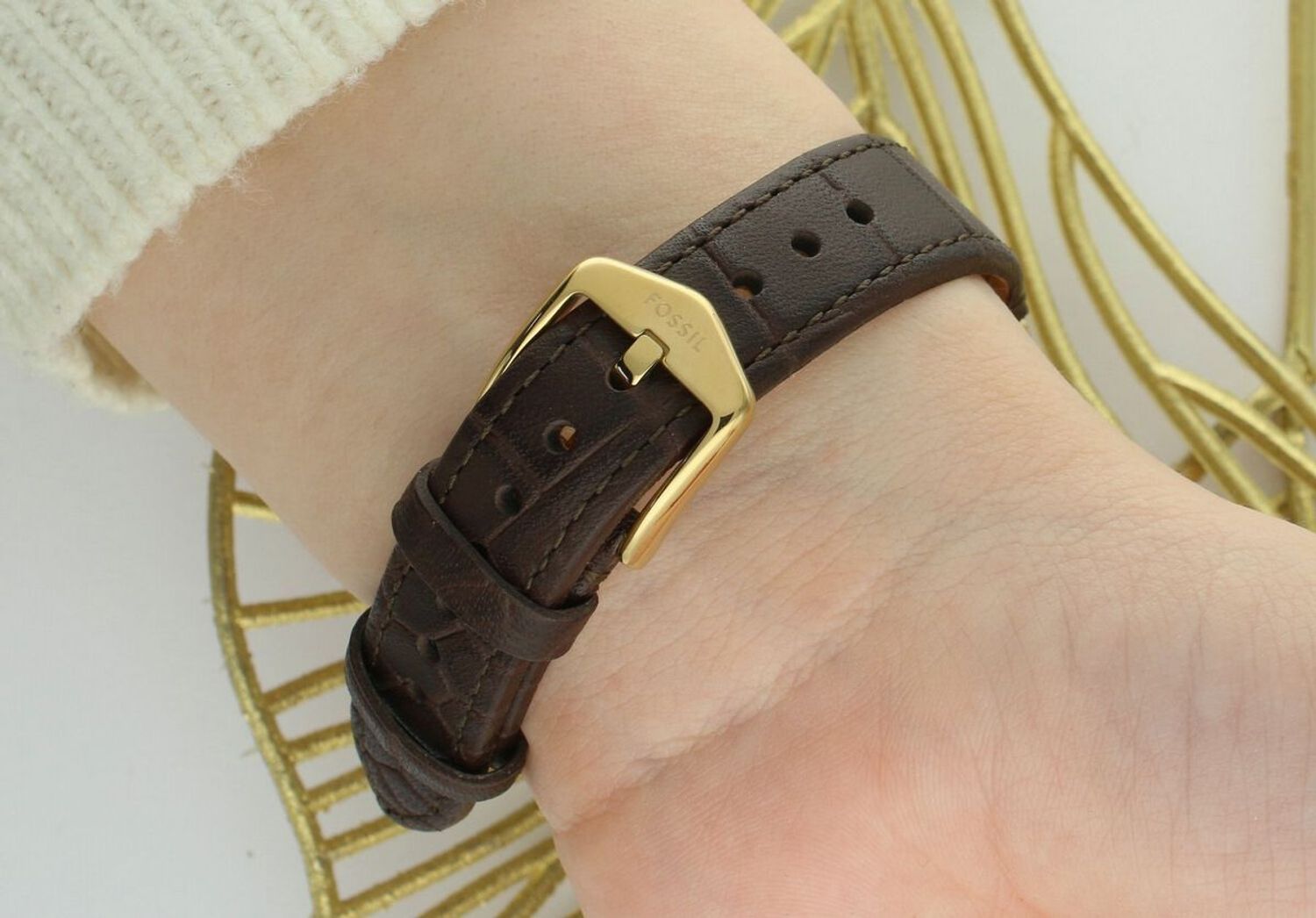 Fossil Harlow ES5426 – damski zegarek złoty, beżowa tarcza, skórzany pasek.jpg