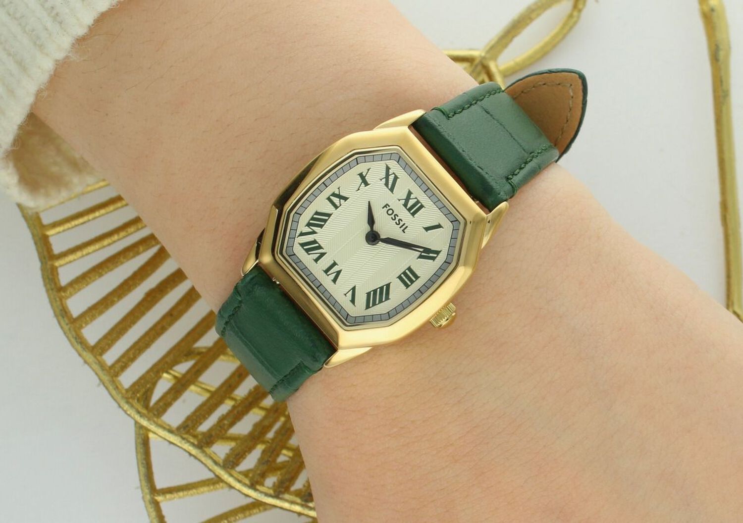 Fossil Harlow ES5427 – damski zegarek złoty, beżowa tarcza, zielony pasek.jpg