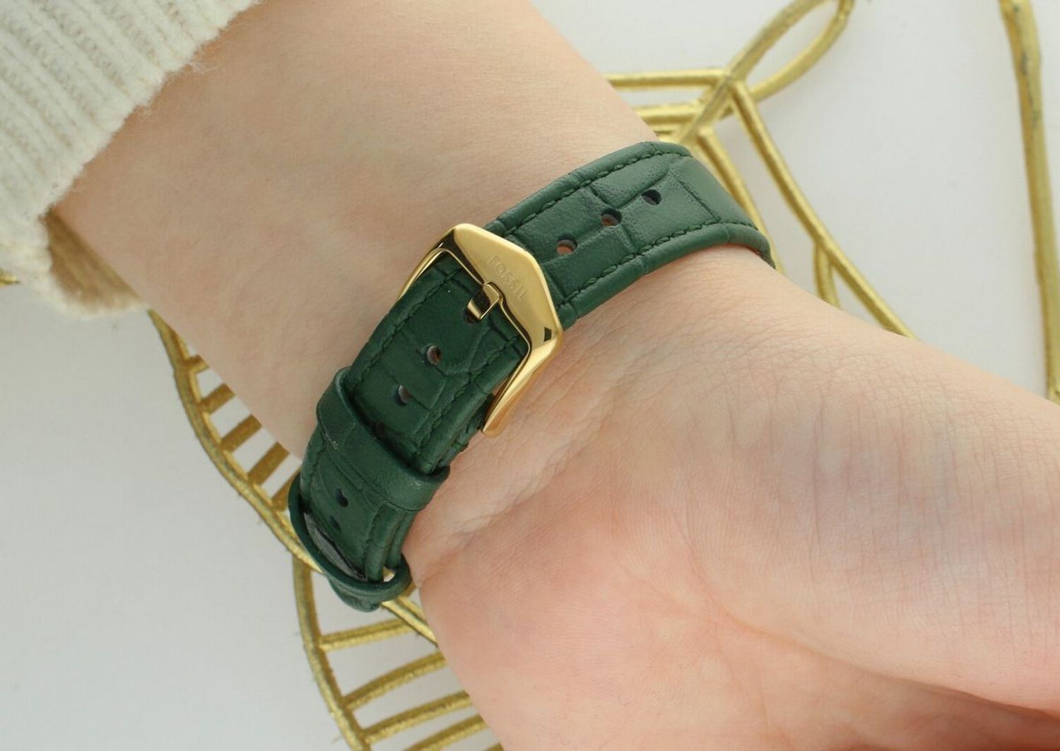 Fossil Harlow ES5427 – damski zegarek złoty, beżowa tarcza, zielony pasek.jpg