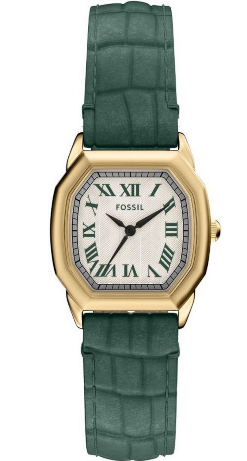 Fossil Harlow ES5427 – damski zegarek złoty, beżowa tarcza, zielony pasek.jpg