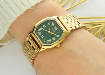 Fossil – damski zegarek złoty z zieloną tarczą i cyframi rzymskimi, bransoleta.jpg