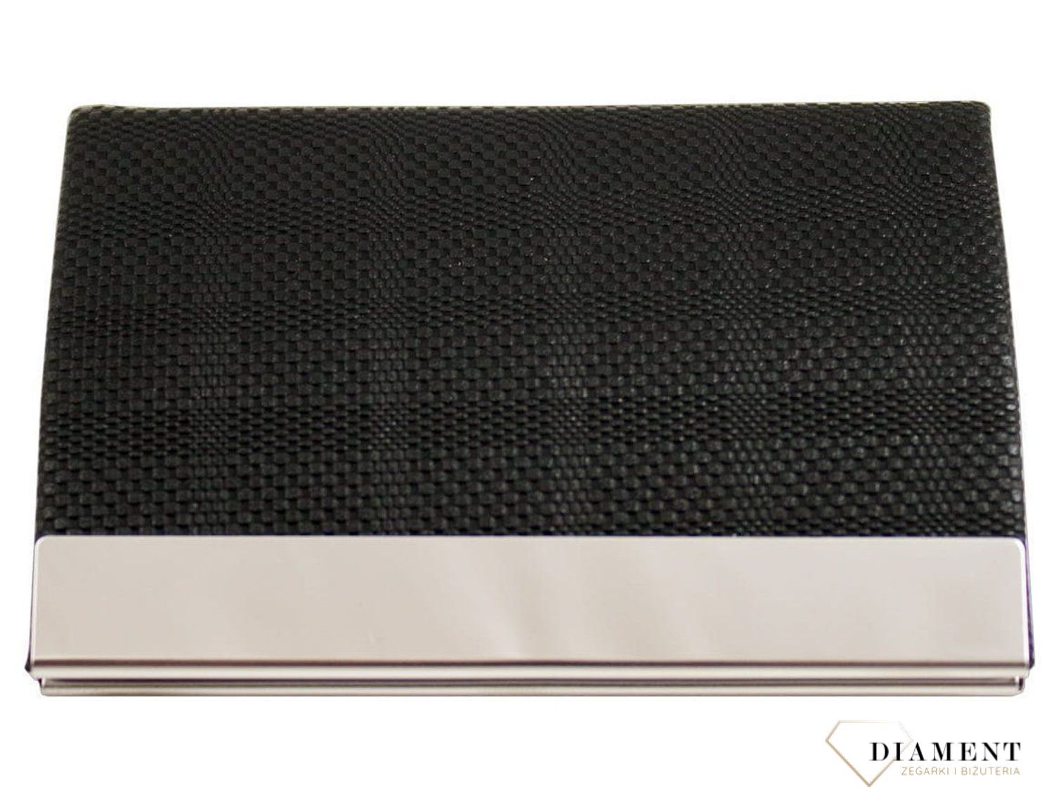 Etui do wizytówek tłoczona czarna ekologiczna skóra EW112. Eleganckie metalowe etui na wizytówki oprawione w czarną skórę (3).jpg