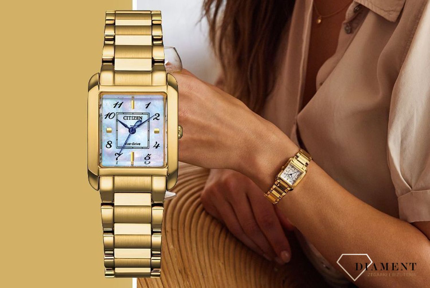 Zegarek damski Citizen Lady Eco-Drive Bianca damski EW5602-81D złoty kwadratowy. Damski zegarek solarny. Zegarek damski ze szkłem szafirowym. Zegarek dla kobiety na prezent. Złoty zegarek damski..jpg
