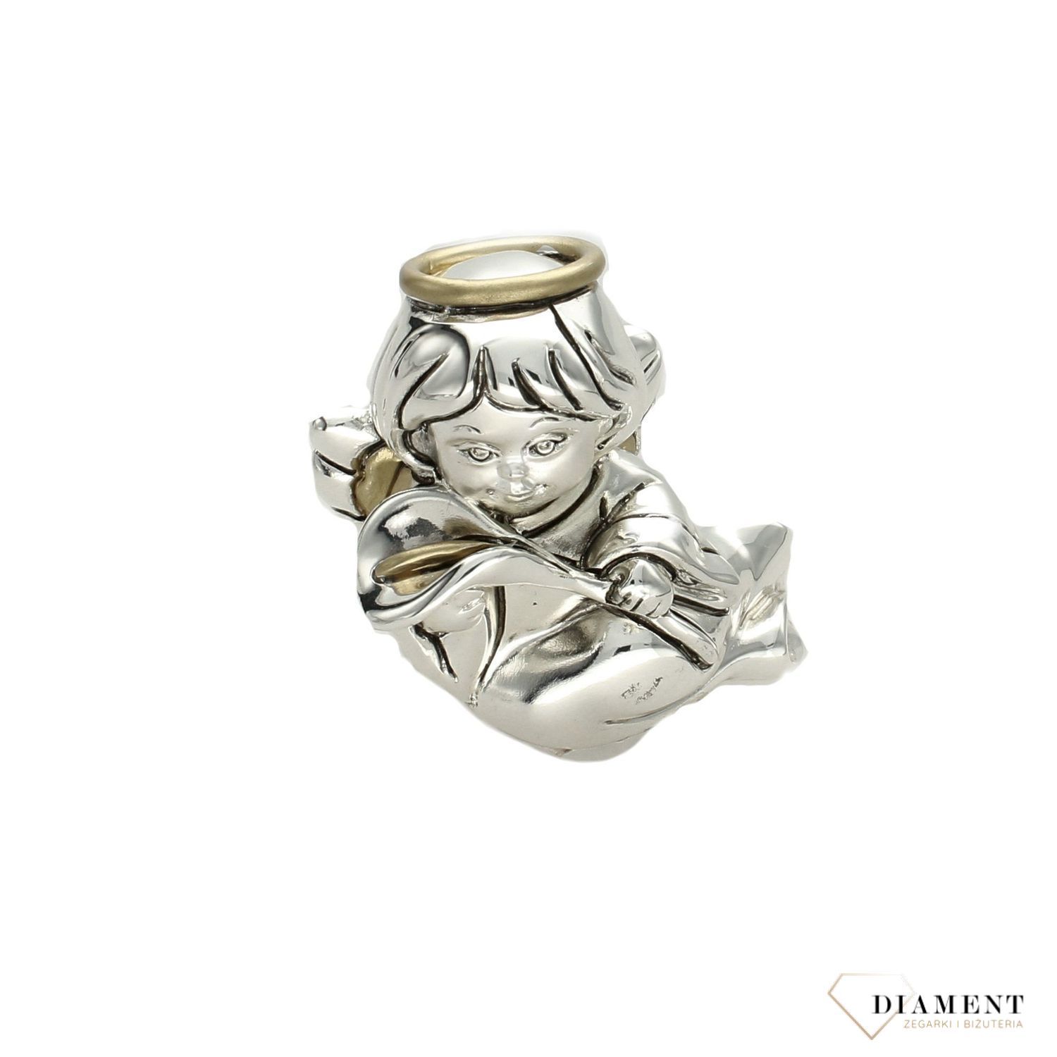 Figurka Aniołek srebrny trzymający kwiat lilii chrzest..jpg