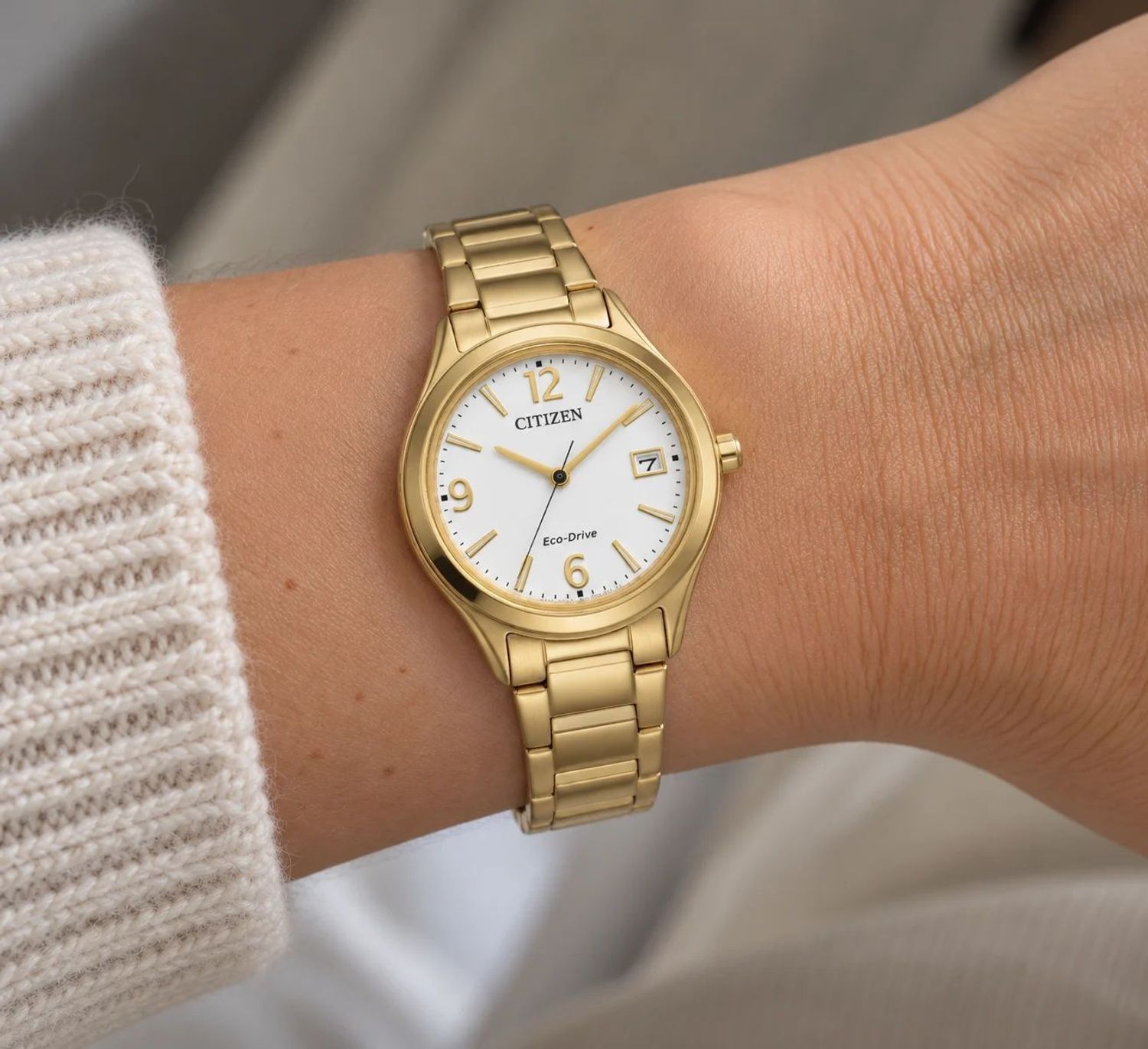 Zegarek damski Citizen Trendy Colors Eco-Drive FE6122-64A – złoty zegarek z białą tarczą.jpg