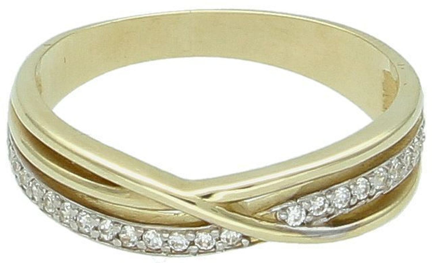 Złoty pierścionek damski próby 585 z cyrkoniami, model FJP000000-019. Elegancki i wygodny. Waga 2,41 g, szerokość 4 mm2 mm. Idealny prezent dla kobiety.1.jpg