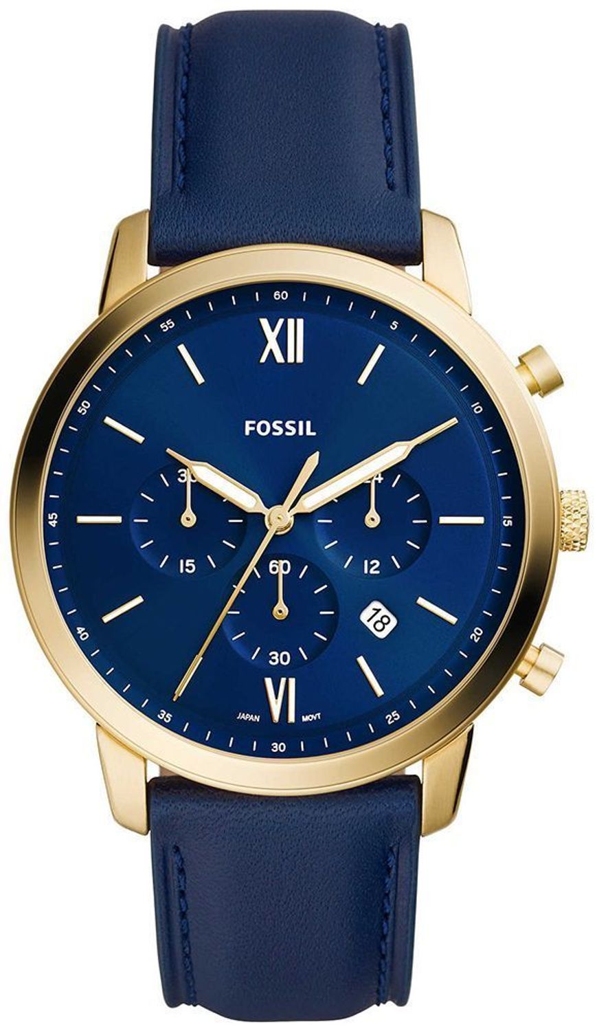 Zegarek męski pozłacany na skórzanym, niebieskim pasku Fossil FS5790 Neutra Chrono  (1).jpg