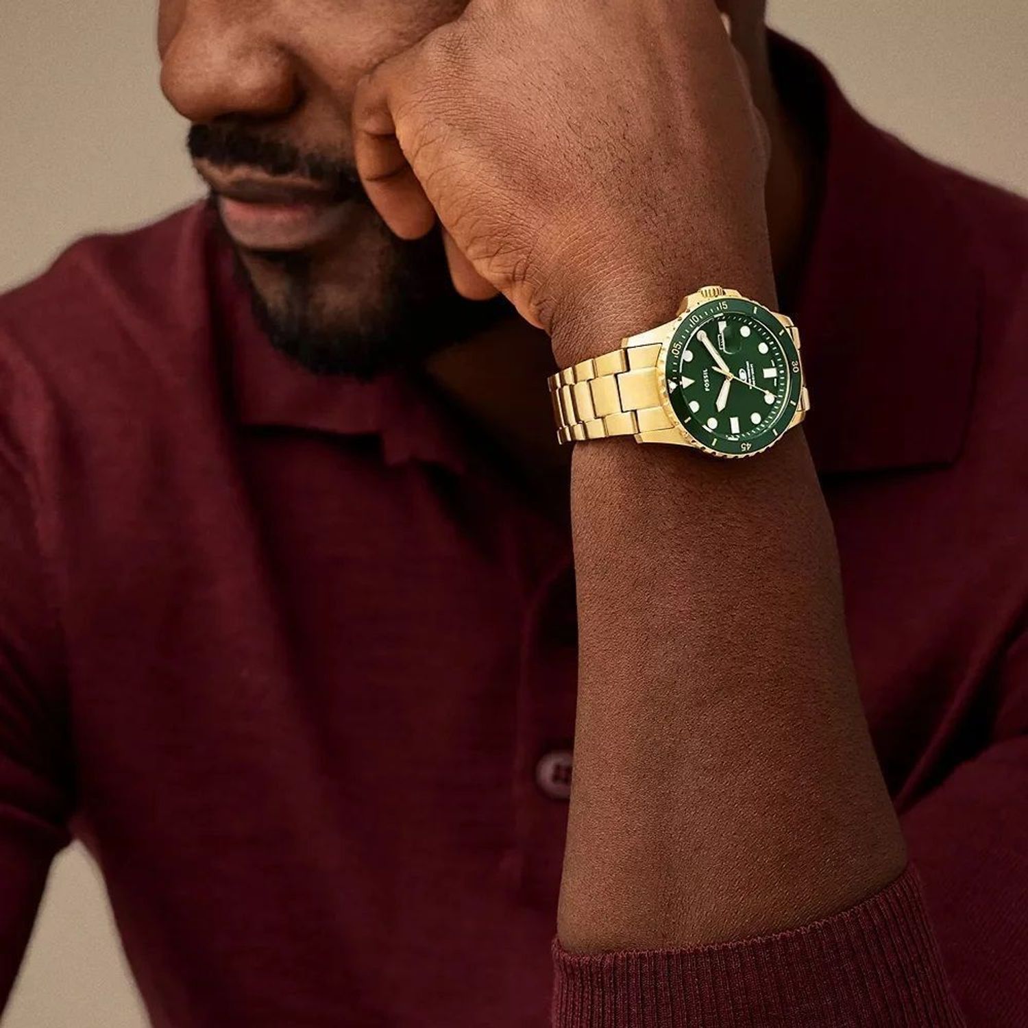 Zegarek męski Fossil BLUE Gold Stainless Steel 42mm FS6030. Męski zegarek na złotej bransolecie. Zegarek męski złoty. Złoty zegarek męski Fossil. Męski zegarek Fossil z zieloną tarczą. Zegarek w złotym kolorze Fossil na prezent (2).jpg