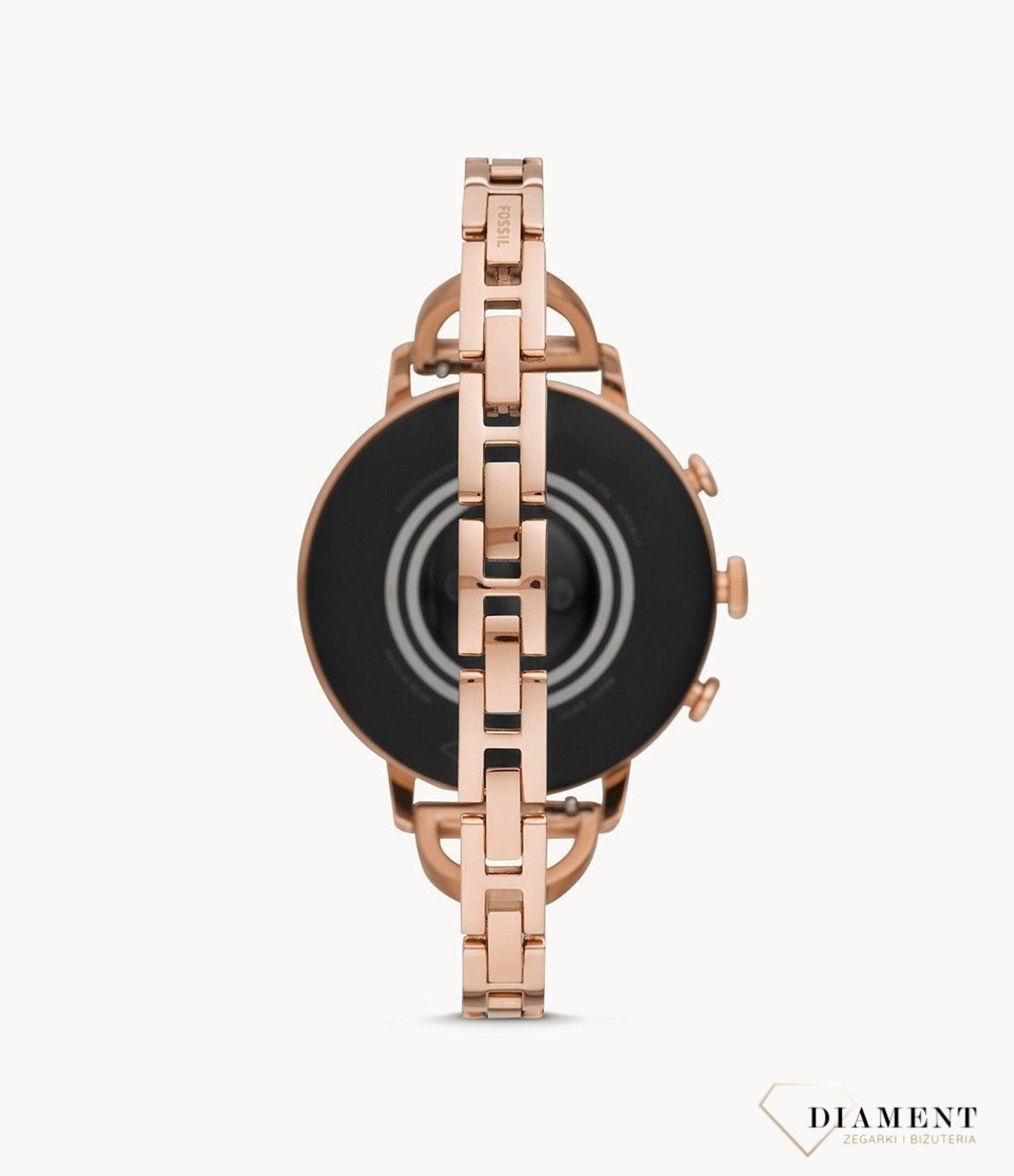 Nowoczesny zegarek Fossil Smartwatch to piękny dodatek w kolorze różowego złota. Bransoletka i koperta została ozdobiona cyrkonią.  (1).jpg