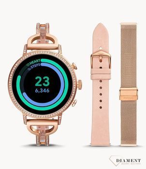 Nowoczesny zegarek Fossil Smartwatch to piękny dodatek w kolorze różowego złota. Bransoletka i koperta została ozdobiona cyrkonią.  (4).jpg