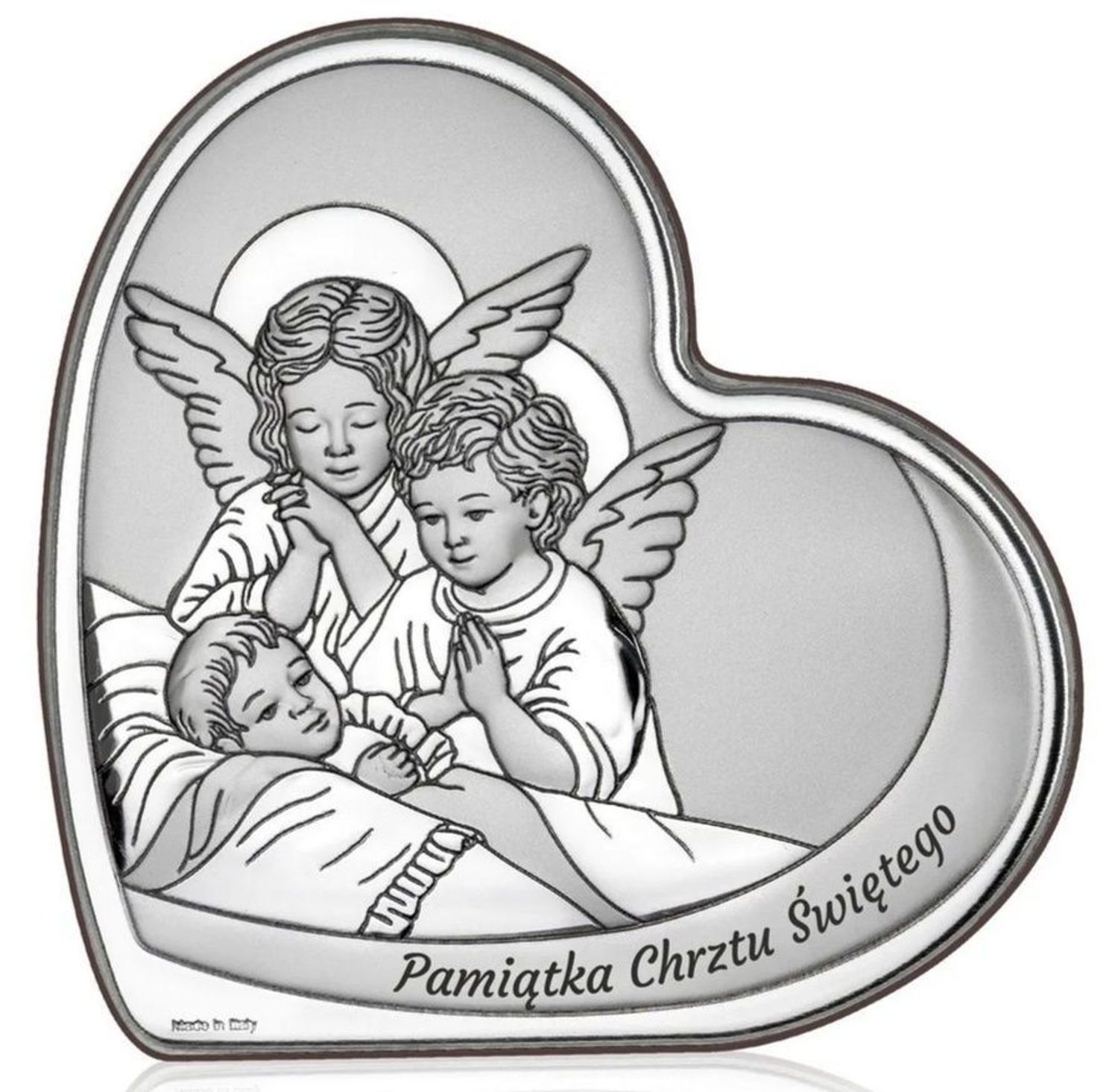 Anioł Stróż Serce – Pamiątka Chrztu Świętego z grawerem  Obrazek posrebrzany PVD 17,5x18,5 cm.jpg