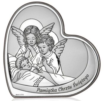 Anioł Stróż Serce – Pamiątka Chrztu Świętego z grawerem  Obrazek posrebrzany PVD 17,5x18,5 cm.jpg