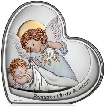 Obrazek Anioł Stróż kolorowy w kształcie serca – Pamiątka Chrztu Świętego PVD srebrzony.jpg