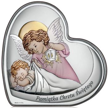 Obrazek Anioł Stróż różowy kolorowy w kształcie serca – Pamiątka Chrztu Świętego PVD srebrzony.jpg