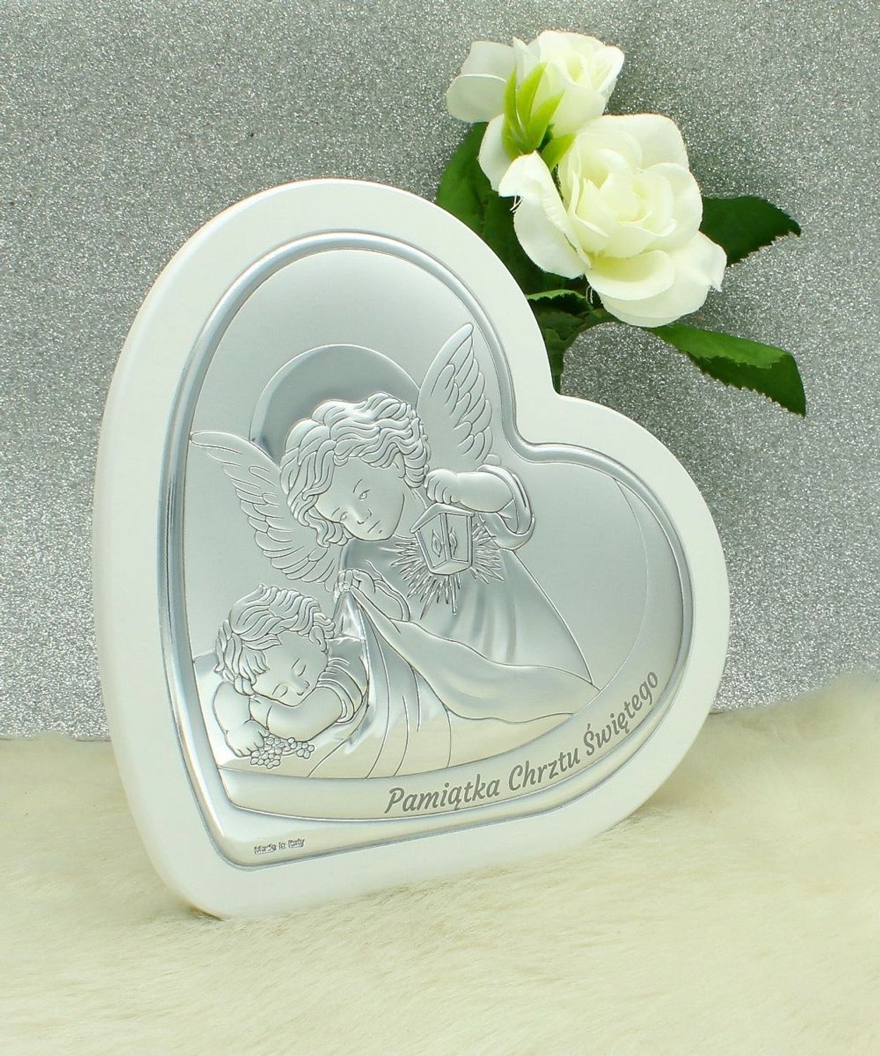 Anioł Stróż Serce – Pamiątka Chrztu Świętego z grawerem  Obrazek posrebrzany PVD 15x15,5 cm.jpg