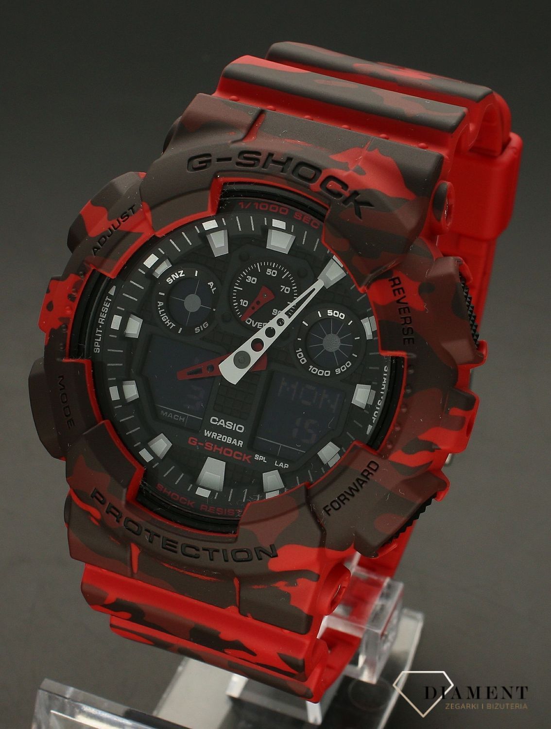 Zegarek męski CASIO G-Shock GA-100CM-44AER na czerwonym pasku moro. Zegarek męski Casio z czerwonym paskiem moro. Zegarek Casio G-Shock to świetny pomysł na prezent dla mężczyzny. Czerwony pasek moro prezent dla żołnierza (1 (3).jpg