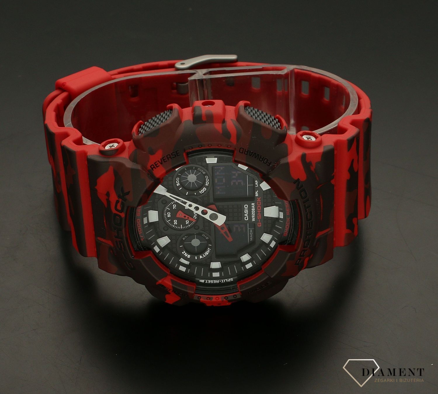 Zegarek męski CASIO G-Shock GA-100CM-44AER na czerwonym pasku moro. Zegarek męski Casio z czerwonym paskiem moro. Zegarek Casio G-Shock to świetny pomysł na prezent dla mężczyzny. Czerwony pasek moro prezent dla żołnierza (1 (3).jpg