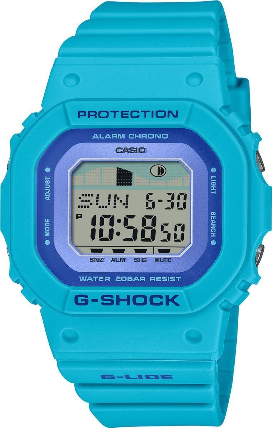 G-SHOCK GLX-S5610-2ER G-LIDE – niezawodny zegarek sportowy z mechanizmem kwarcowym, wodoszczelnością 20 bar, funkcją GPS, pomiarem faz Księżyca i alarmami. Idealny do aktywności wodnych.1.jpg
