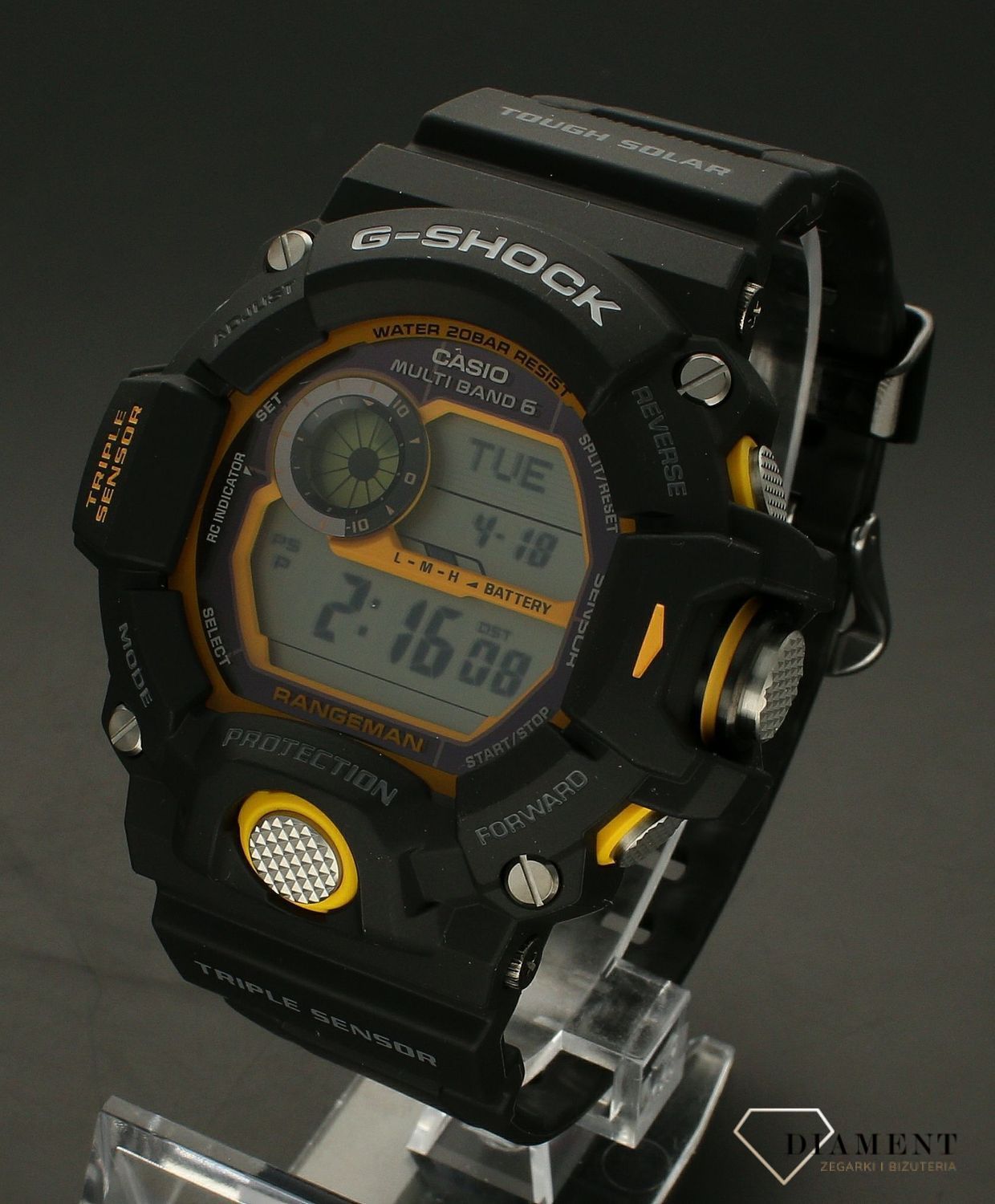 Zegarek męski CASIO G-Shock GW-9400Y-1ER Rangeman. Ten G-SHOCK GW-9400Y-1ER przypadnie do gustu osobom, które chcą mieć pewność, że sprzęt wytrzyma naprawdę wiele. Wzmocnienia chroniące przed uszkodzeniami przy wstrząsach i uderzeniach oraz jaz.jpg