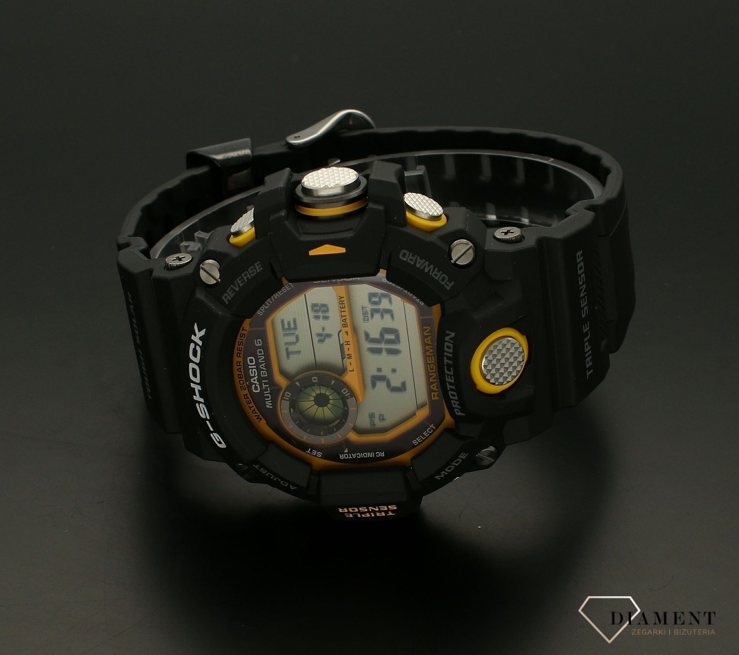 Zegarek męski CASIO G-Shock GW-9400Y-1ER Rangeman. Ten G-SHOCK GW-9400Y-1ER przypadnie do gustu osobom, które chcą mieć pewność, że sprzęt wytrzyma naprawdę wiele. Wzmocnienia chroniące przed uszkodzeniami przy wstrząsach i uderzeniach oraz jaz.jpg