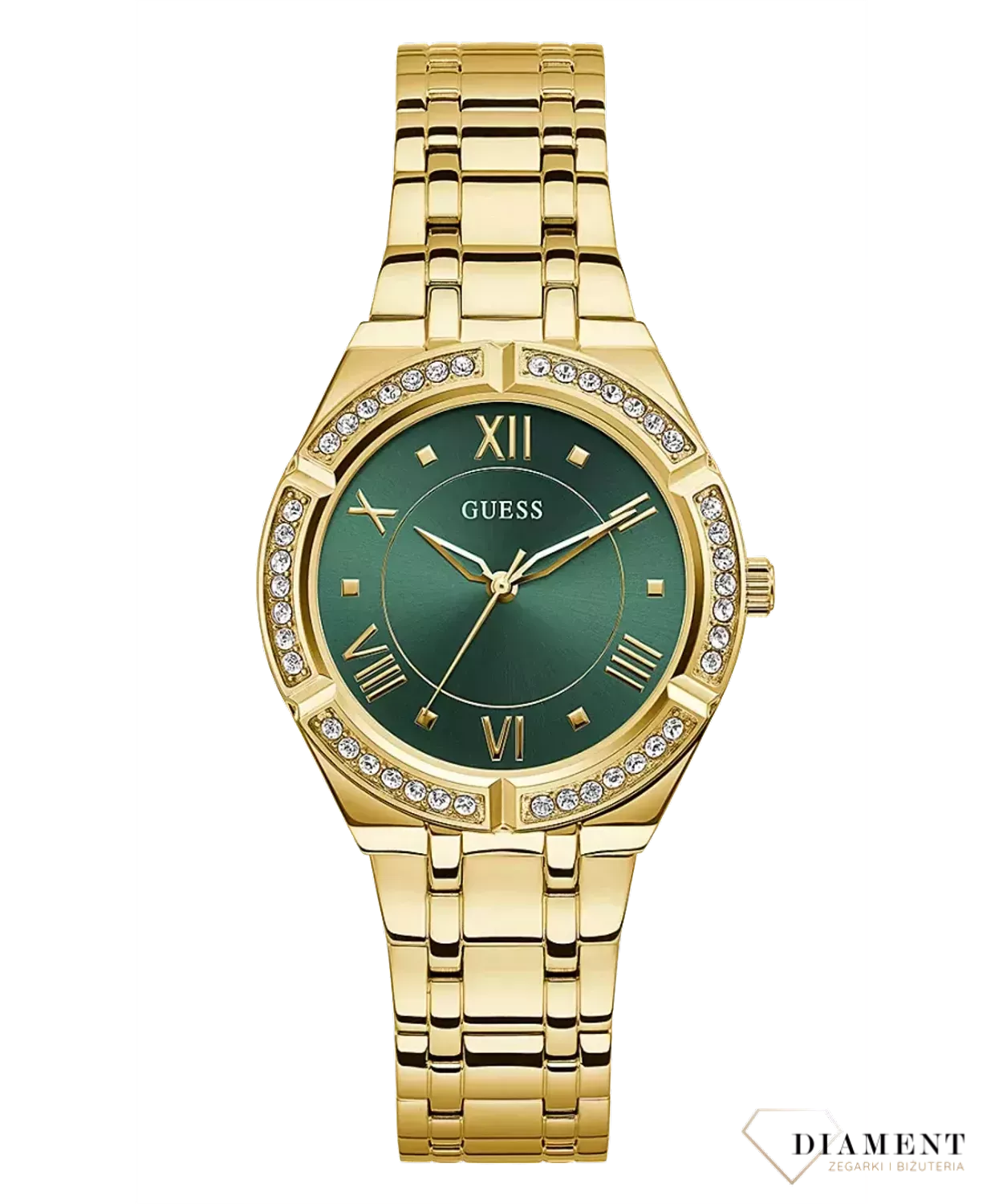 Zegarek damski Guess Cosmo GW0033L8 'Modna zieleń'. Zegarek modny Guess. Zegarki od marki guess. Darmowa dostawa. Złoty błyszczący zegarek. Produkty marki guess..webp