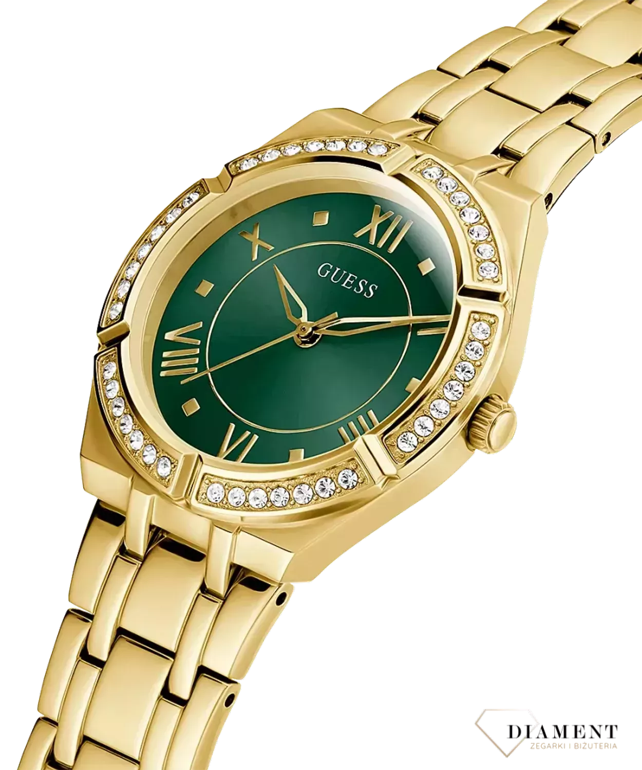Zegarek damski Guess Cosmo GW0033L8 'Modna zieleń'. Zegarek modny Guess. Zegarki od marki guess. Darmowa dostawa. Złoty błyszczący zegarek. Produkty marki guess..webp