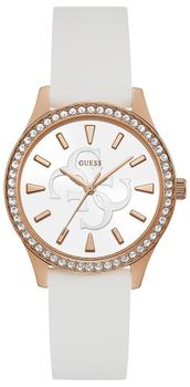 Zegarek damski GUESS GW0359L2 ⇒ Kupuj w autoryzowanym sklepie. Zegarek damski GUESS GW0359L2 to nowoczesny model z paskiem w białym kolorze i tarczą w kolorze różowego złota, w eleganckim stylu z wzorkami i logo Guess..jpg