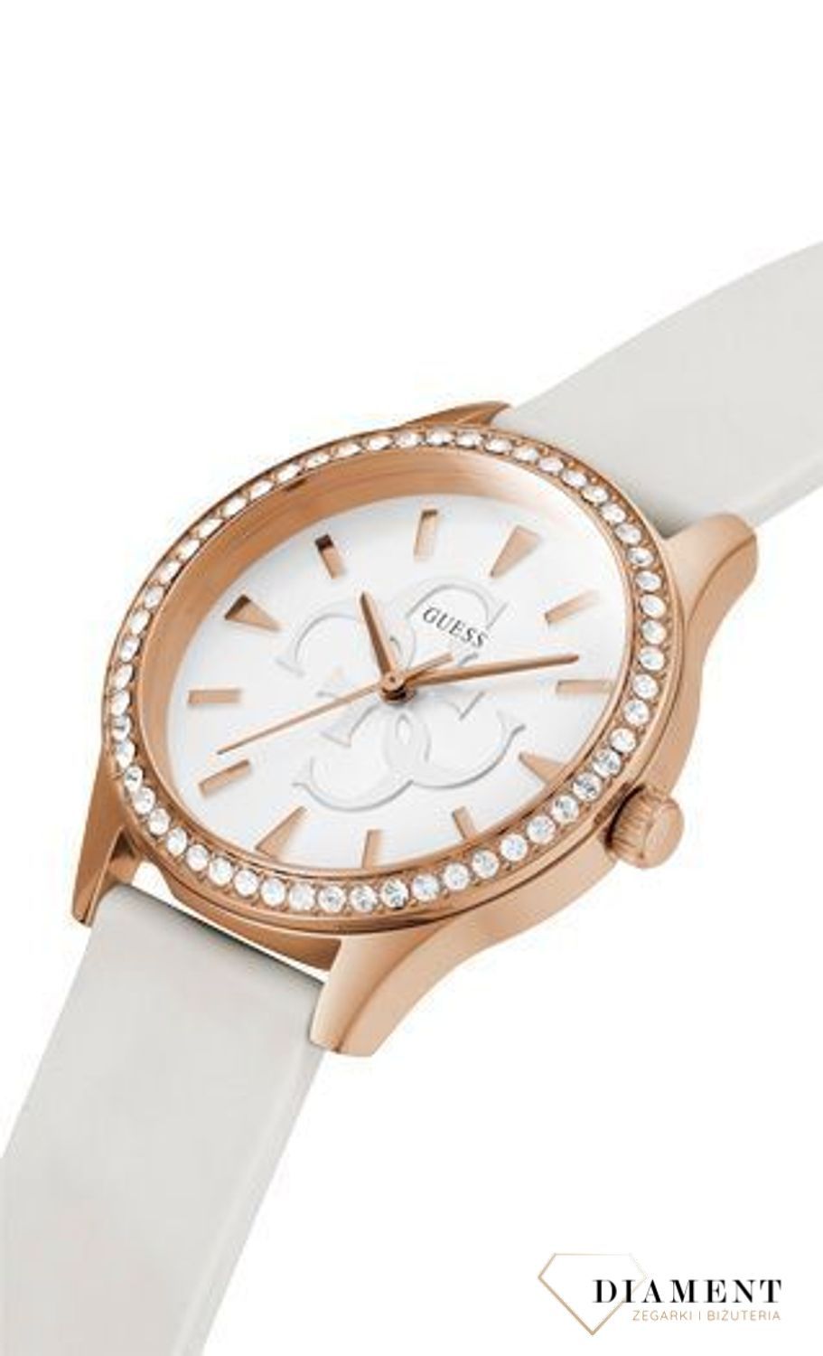 Zegarek damski GUESS GW0359L2 ⇒ Kupuj w autoryzowanym sklepie. Zegarek damski GUESS GW0359L2 to nowoczesny model z paskiem w białym kolorze i tarczą w kolorze różowego złota, w eleganckim stylu z wzorkami i logo Guess..jpg
