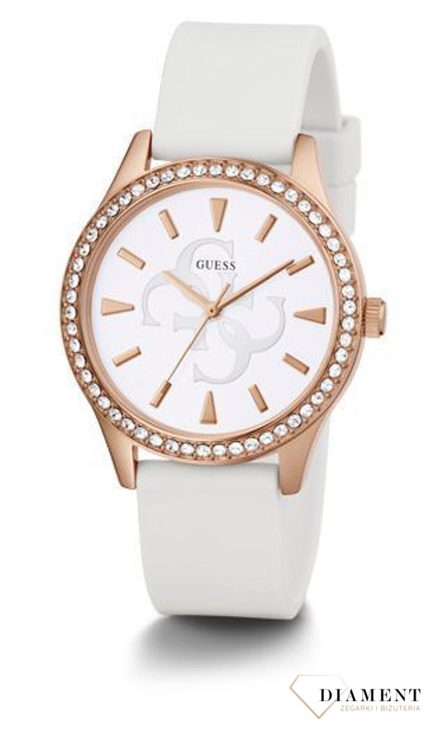 Zegarek damski GUESS GW0359L2 ⇒ Kupuj w autoryzowanym sklepie. Zegarek damski GUESS GW0359L2 to nowoczesny model z paskiem w białym kolorze i tarczą w kolorze różowego złota, w eleganckim stylu z wzorkami i logo Guess..jpg