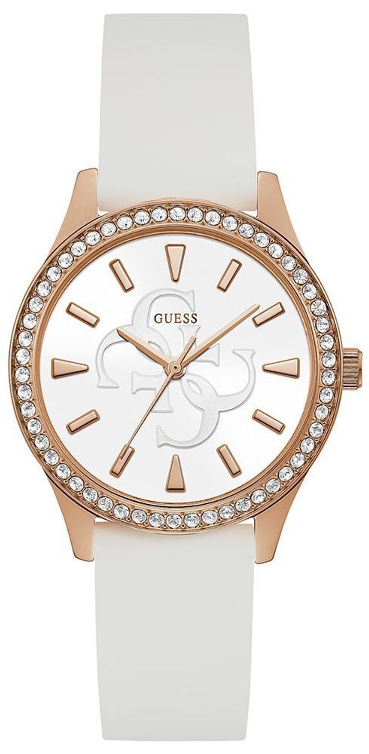 Zegarek damski GUESS GW0359L2 ⇒ Kupuj w autoryzowanym sklepie. Zegarek damski GUESS GW0359L2 to nowoczesny model z paskiem w białym kolorze i tarczą w kolorze różowego złota, w eleganckim stylu z wzorkami i logo Guess..jpg