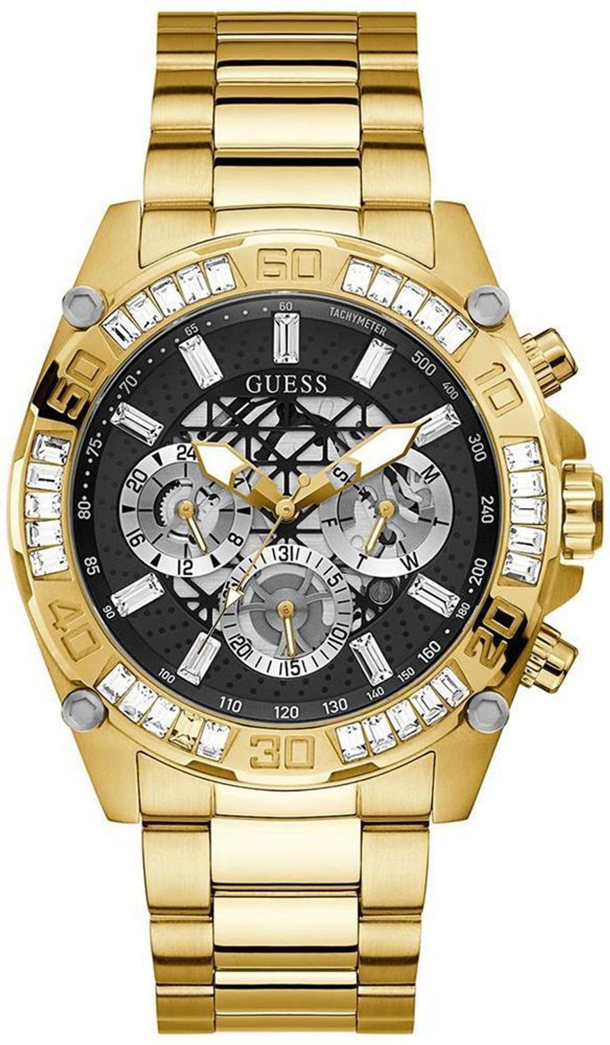 Zegarek męski na złotej bransolecie Guess Trophy GW0390G2.  Urządzenie wyposażono w  potrójną tarczą z czasem 24-godzinnym. Czarną tarczę pokryto szkiełkiem mineralnym dla ochrony przed uszkodzeniami zewnę.jpg