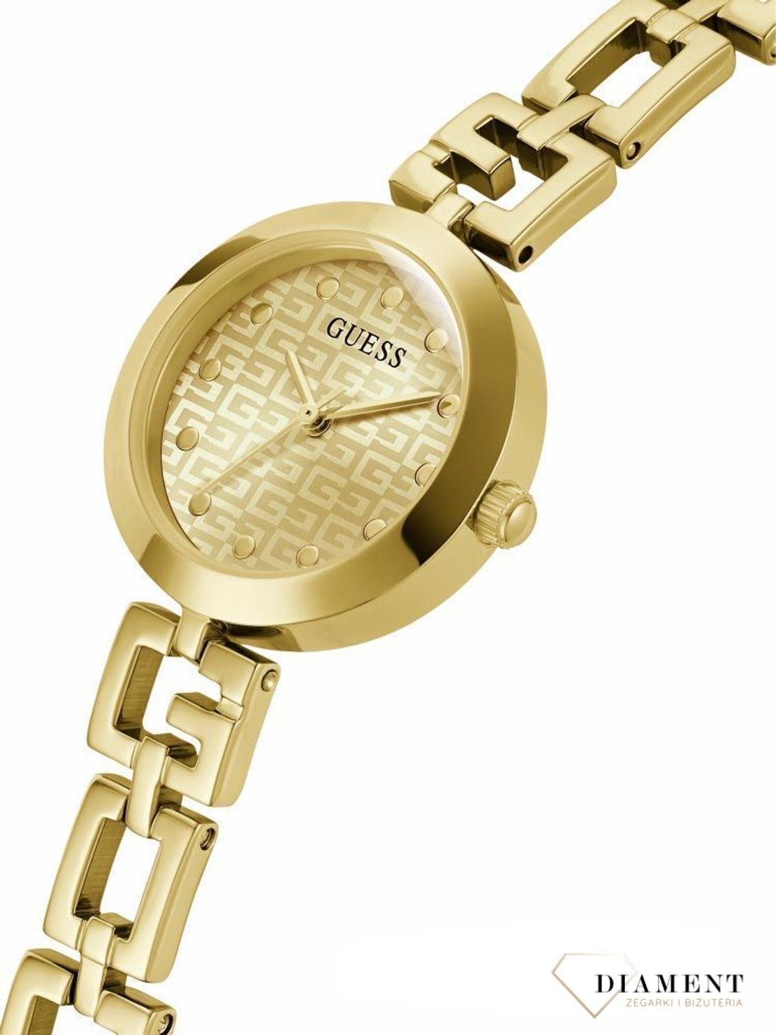 Zegarek złoty damski Guess Lady G GW0549L2 Biżuteryjna bransoletka. Delikatny zegarek z guessa. Mały zegarek guess. Darmowa dostawa. Guess be cyrkonii. Na prezent. Modny zegarek..jpg